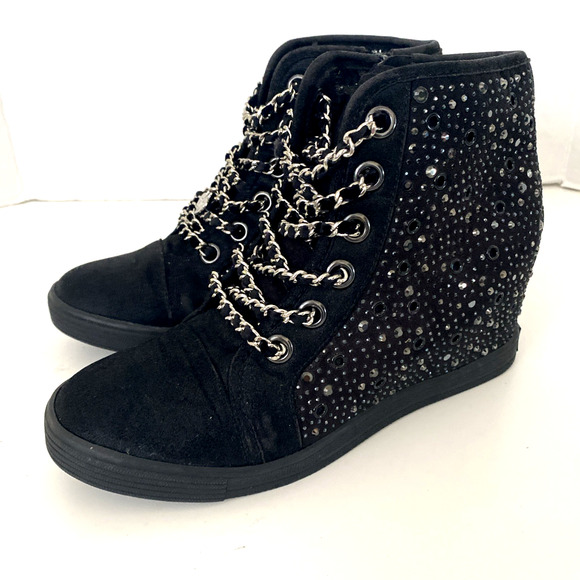 Stuart Weitzman Vance 15 Hidden Wedge Sneaker Kids Girl 4 Black Silver Chain - Picture 7 of 11